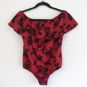 Vtg Y2K Top Med Red Velvet Floral Dark Romantic Whimsigoth Grunge Bodysuit USA